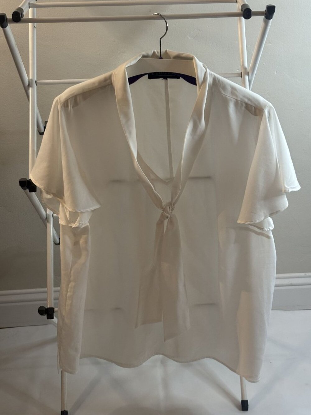 Eloquii Womens Ivory Short-Sleeve Tie-Neck Blouse Size 14 Lightweight Polyester